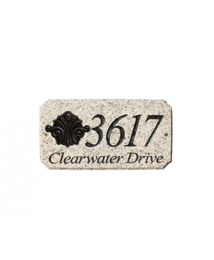 Qualarc White Granite Address Plaque w/Scroll Logo Black Text